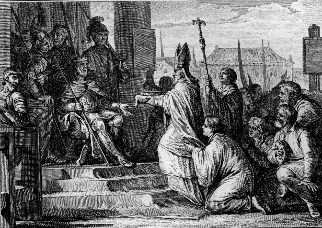 Charlemagne (747-814), roi des Francs, recevant la couronne de fer de Lombardie des mains de l