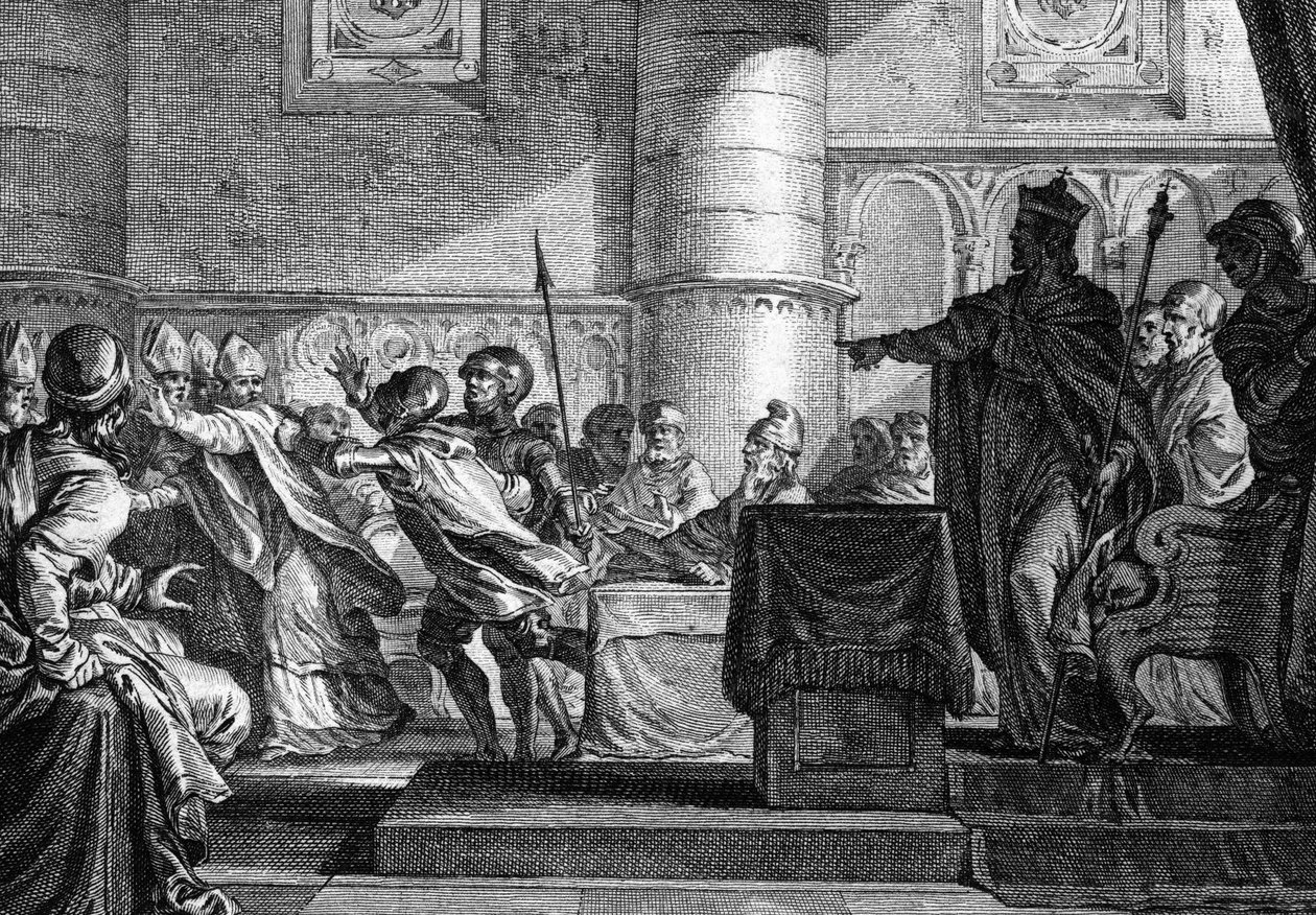 Clergé entre clergé et noblesse réunis au Parlement à Épernay (Marne) par Charles le Chauve (846). Gravure de J. P. Le Bas d
