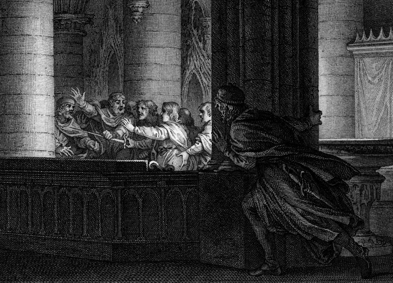 Complot contre Charlemagne, 792 : un seigneur surprend la conversation entre les conspirateurs planifiant le meurtre du roi des Francs. Parmi eux, Pépin le Bossu (769-811), fils de Charlemagne. Gravure de Jean Michel Moreau, dit Moreau le Jeune (1741-1814) - Jean Michel the Younger Moreau