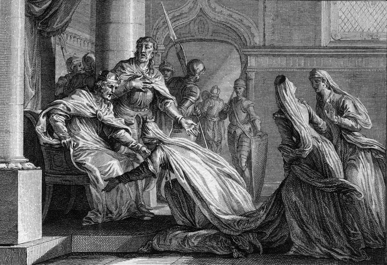 Emma de France, sœur de Hugues le Grand, se prosterne à ses pieds. Mariée à Raoul de Bourgogne, elle décide, à la demande de son frère, de donner la couronne de France à son mari, déclarant « mieux vaut embrasser son » - Jean Michel the Younger Moreau