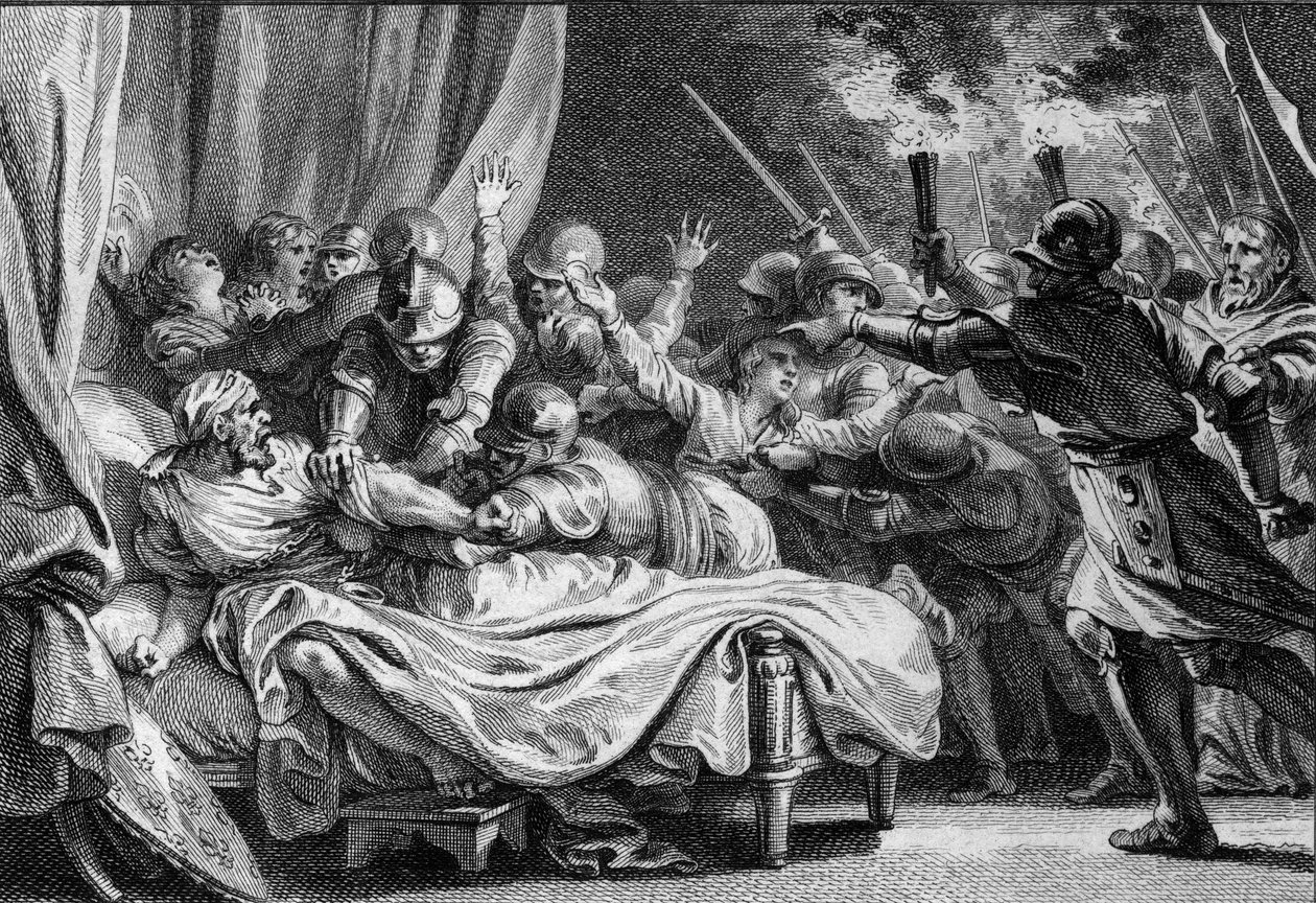 Fin de la dynastie carolingienne, 988 : arrestation de Charles (953-991), duc de Lorraine inférieure, par Hugues Capet (941-996) et son armée. Gravure de Jean Michel Moreau, dit Moreau le Jeune (1741-1814) - Jean Michel the Younger Moreau