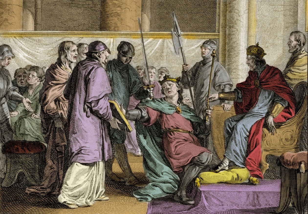 Érispoé (mort en 857), roi de Bretagne (Herispogius - Hervspogius - Respogius) reçoit les ornements du royaume des mains de Charles II le Chauve (823-877), 851. Gravure par Jean Michel Moreau, dit Moreau le Jeune (1741-1814) - Jean Michel the Younger Moreau