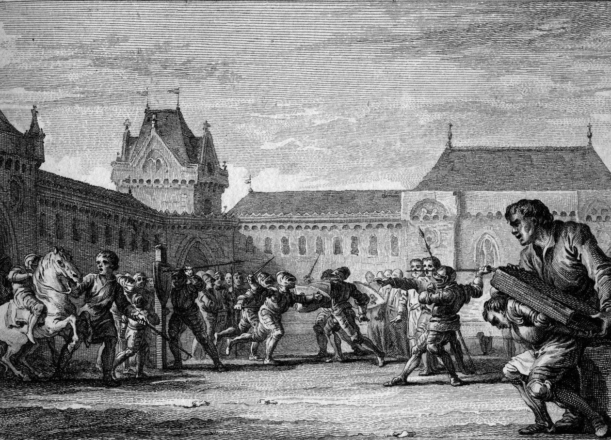 Institution des pages : établissement de formation aux tâches physiques et domestiques du métier de page. Période carolingienne, règne de Charlemagne, 8ème-9ème siècle. Gravure de Jean Michel Moreau, dit Moreau le Jeune - Jean Michel the Younger Moreau
