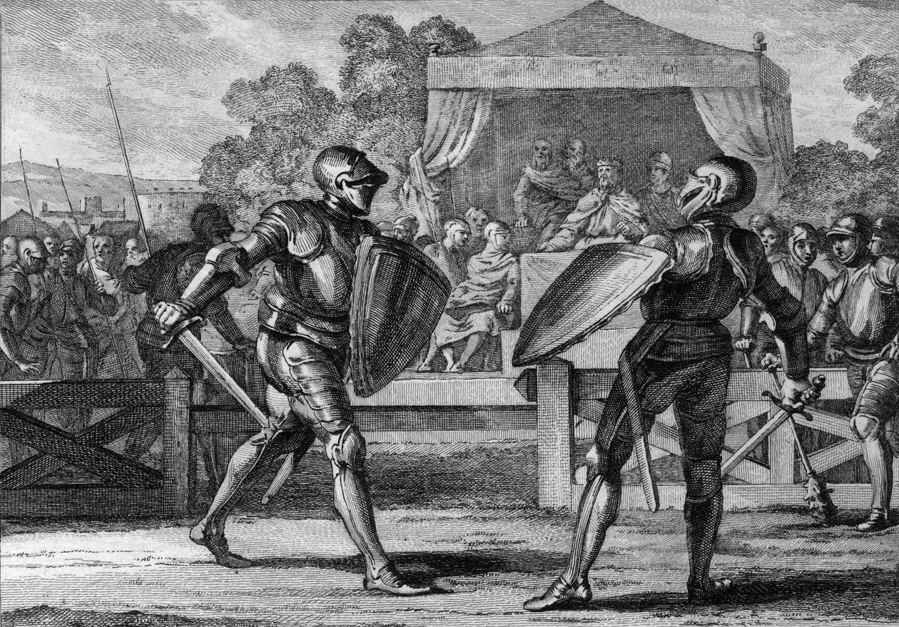Justice sous les Capétiens : un duel en armure entre deux vassaux pour arbitrer une querelle. Une cour ("cour des pairs ou barons") a d