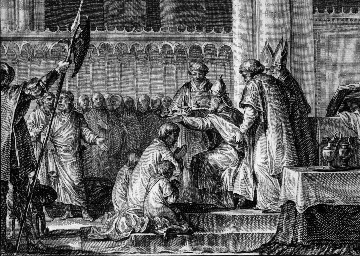 Sacré de Pépin le Bref (714-768), Basilique de Saint-Denis, 28 juillet 754 : le Pape Étienne II le consacre roi des Francs et Patrice des Romains (Patricius Romanorum). À ses côtés, ses deux fils, Carloman et Charles (le futur Charlemagne). Gravure - Jean Michel the Younger Moreau