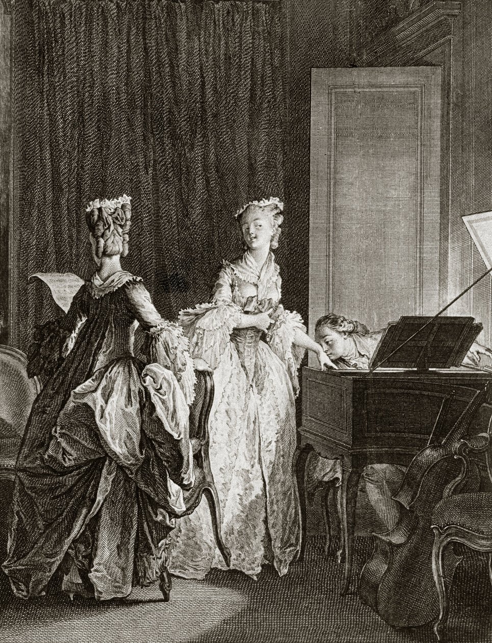 Saint Preux et Claire au clavecin dans «Julie ou la nouvelle Héloïse» par le philosophe suisse Jean-Jacques Rousseau (1712-1778) - gravure par Moreau le jeune, Jean Michel (1741-1814) - Jean Michel the Younger Moreau