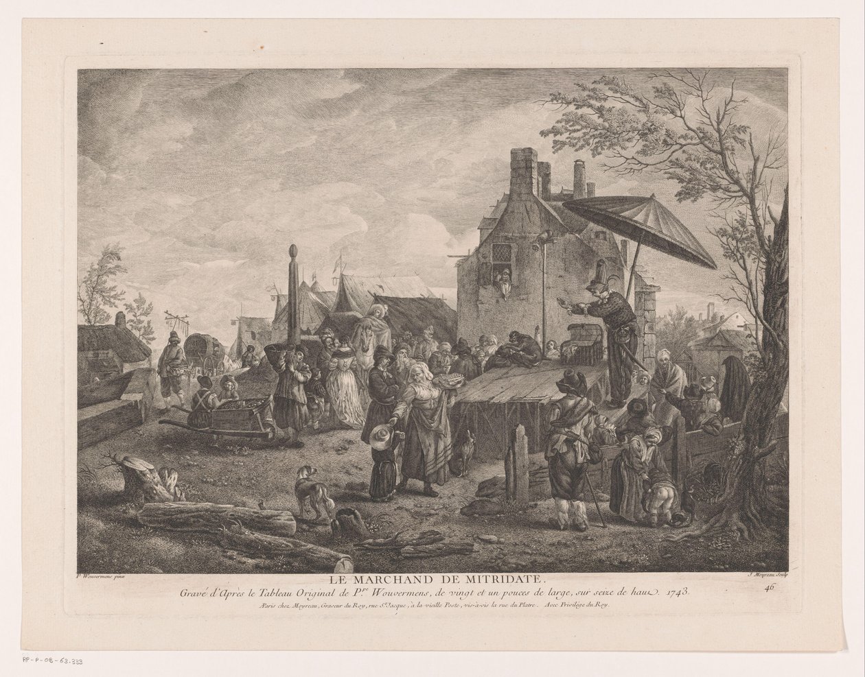Théâtre de village Le Marchand de Mitridate Prenten naar schilderijen door Philips Wouwerman Oeuvres de Ph.pe Wouwermans Hollandois - Jean Moyreau