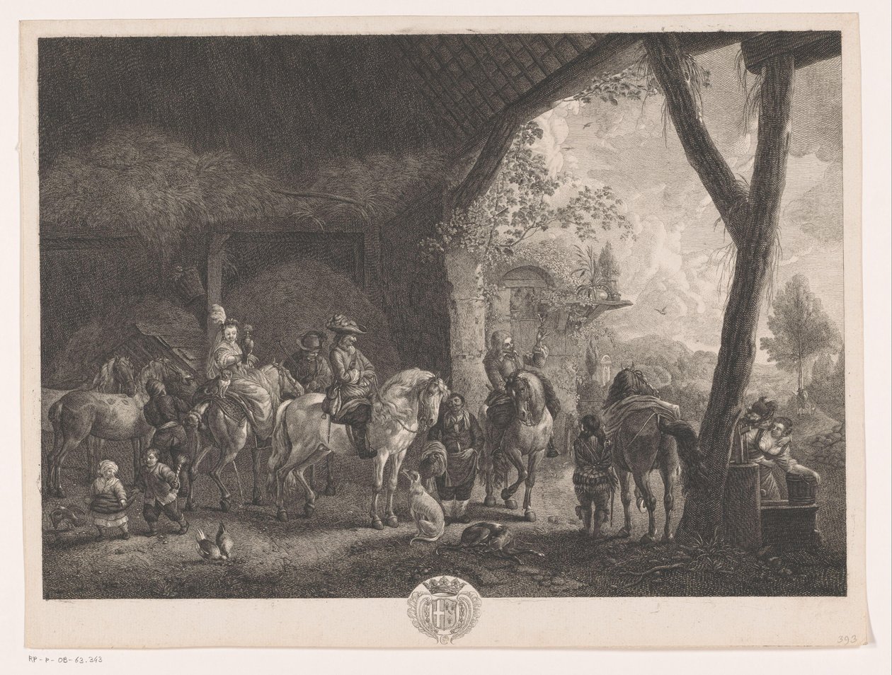 Groupe de chasseurs quittant une écurie (Le Vin de l