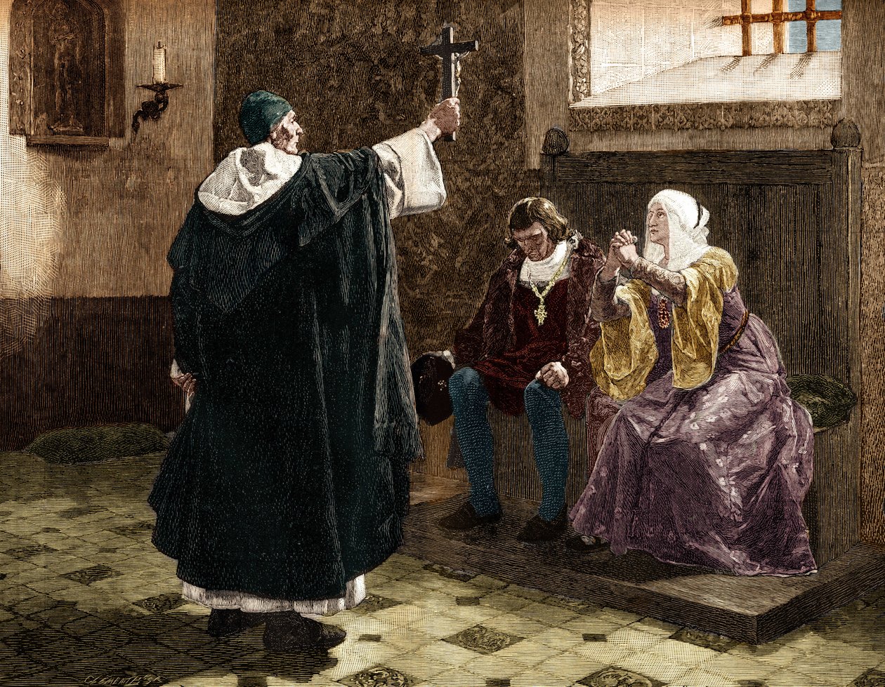 Le grand inquisiteur espagnol, Fray Tomas de Torquemada (1420-1498), parmi les rois catholiques Ferdinand II et Isabelle 1ère de Castille - Jean Paul (after) Laurens
