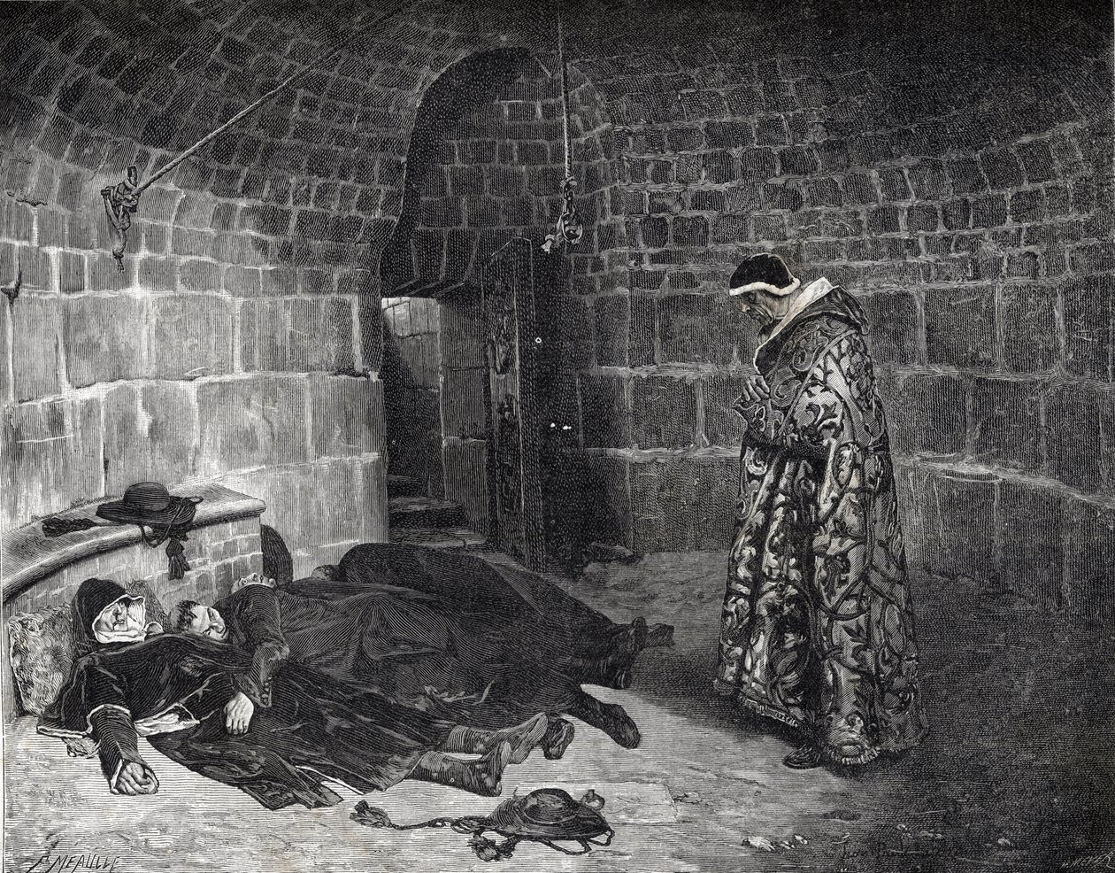 La vengeance du pape Urbain VI - Le pape Urbain VI torture et fait disparaître ses propres cardinaux - gravure de Laurens - Jean Paul Laurens