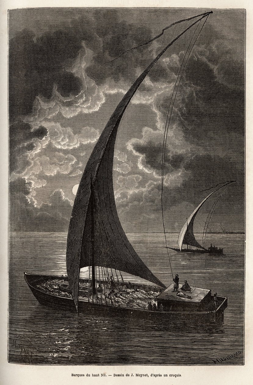 Les barques du haut Nil, équipage réduit et passagers dormant sur le pont, au clair de lune, gravure d