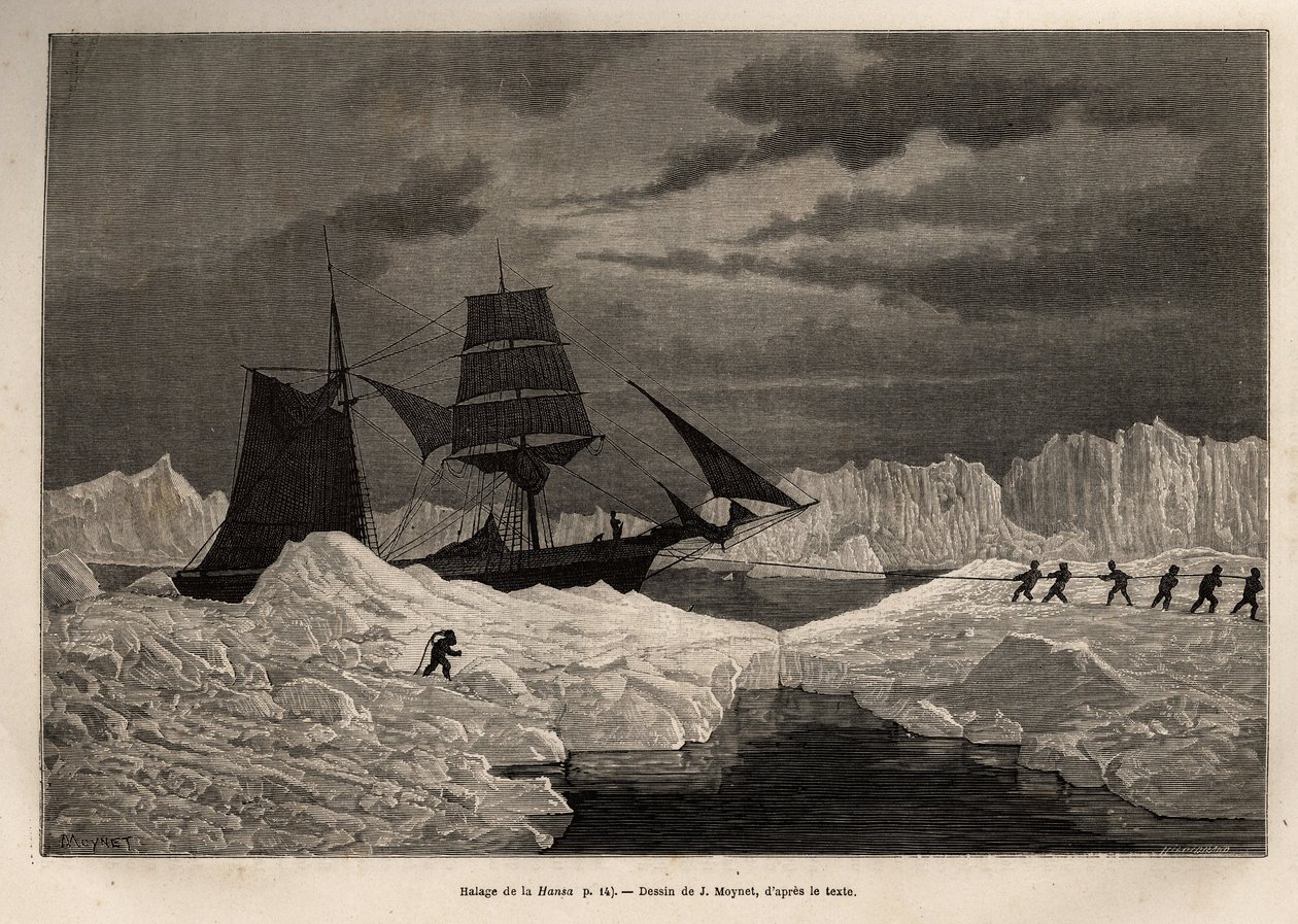 Le halage du navire allemand La Hansa par son équipage pour traverser une barrière de glace vers des eaux navigables. Gravure pour illustrer le voyage des navires La Germania et La Hansa au Pôle Nord en 1869-1870, par le capitaine Hegemann, publiée dans "L - Jean Pierre Moynet