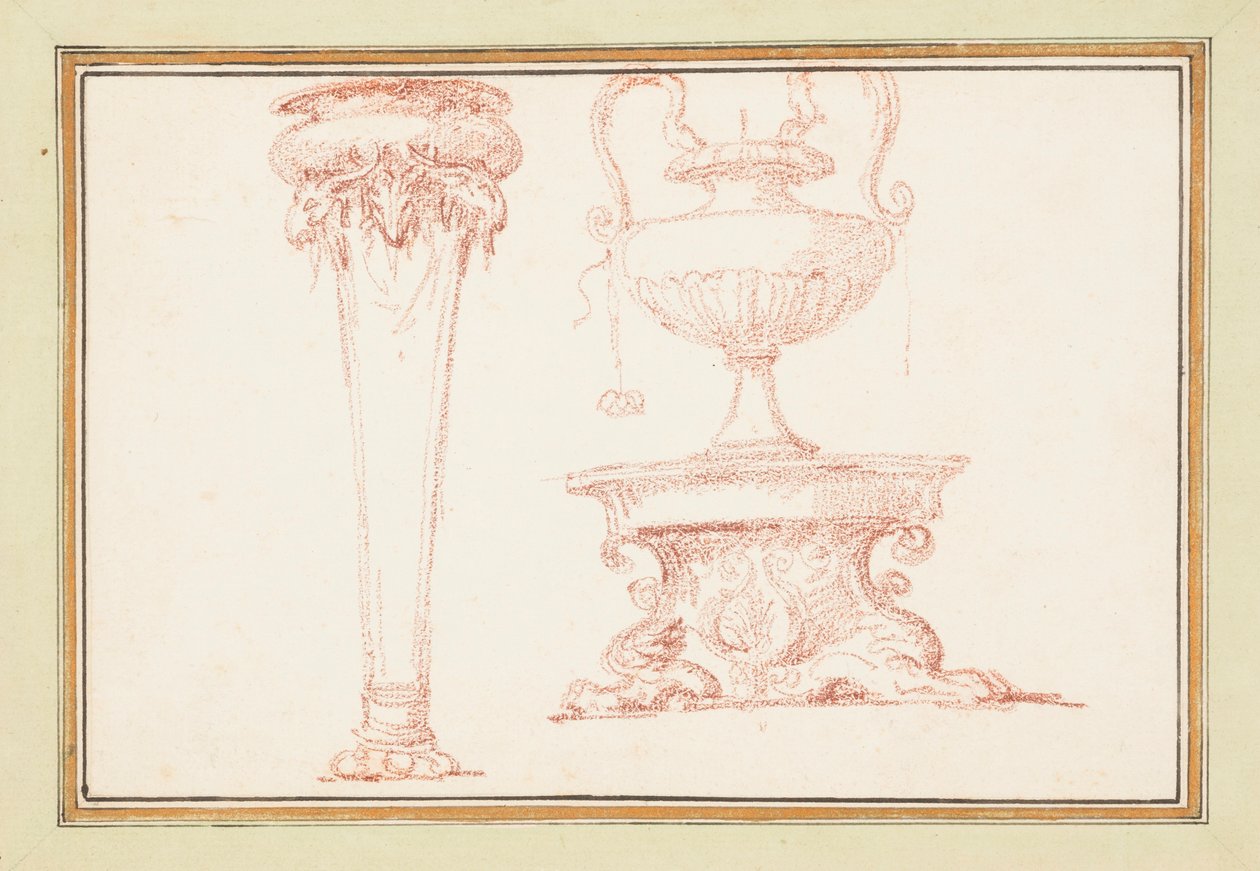 Dessin relié, Un vase et une lampe sur un support, dans Dessins d