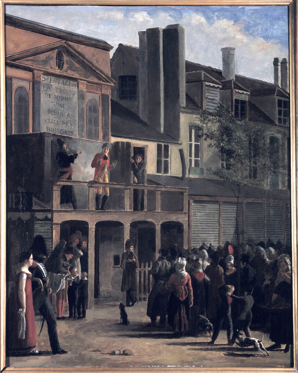 La Parade de Bobèche et Galimafre, peinture par Jean Roller, représentant une foule regardant un spectacle de rue. Peinture à l