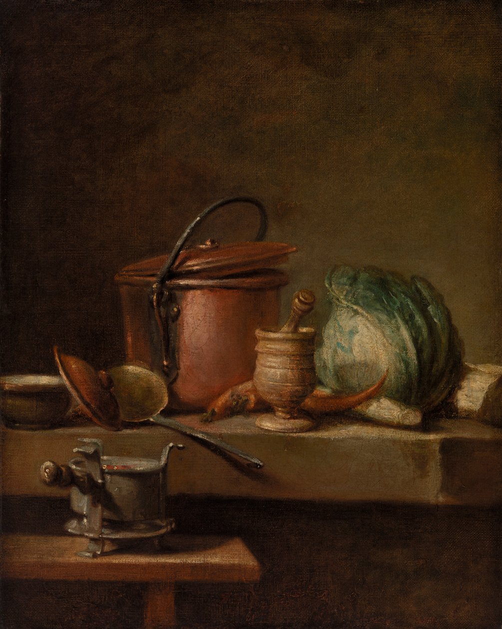 Table de cuisine avec marmite de cuivre, chou, égrugeoir et réchaud - Jean Baptiste Simeon Chardin
