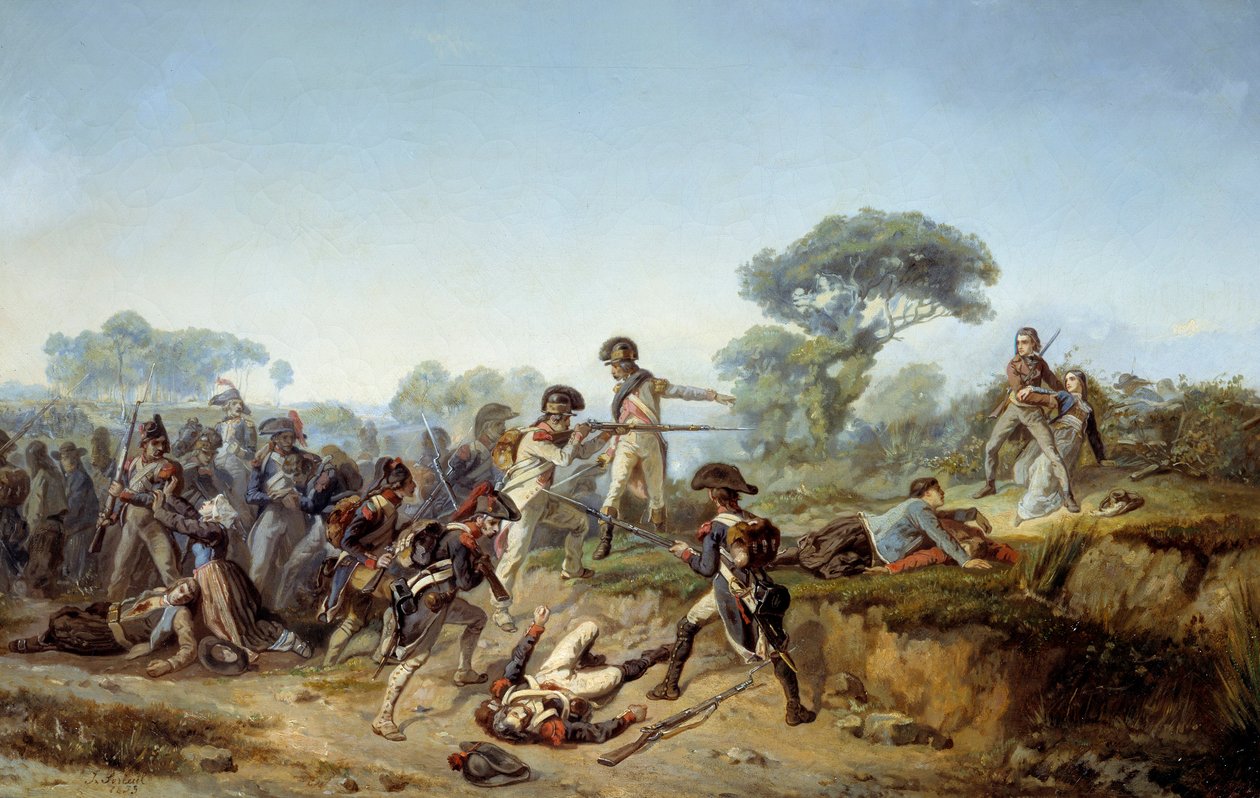 Guerre de Vendée, le chevalier Charles de Bois-Hardy voulant sauver sa maîtresse (1795). Peinture de Jean Soreuil (1824-1871) - Jean Soreuil