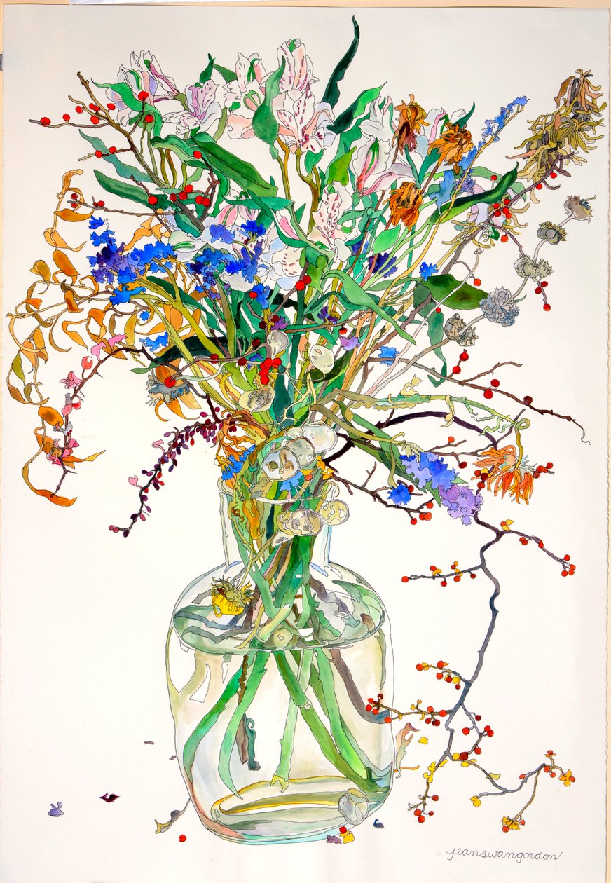 Alstroemeria, Statice, Calendula honnête, feuilles sèches, baies - Jean Swan Gordon