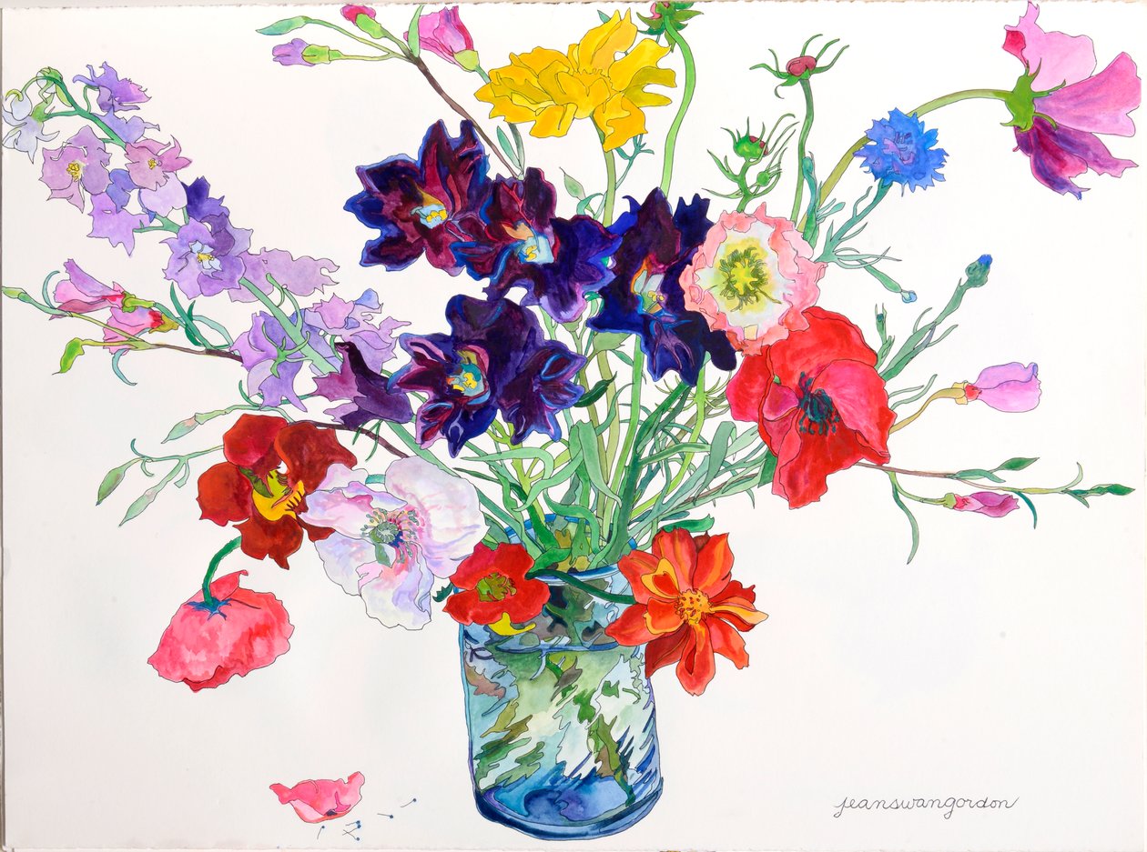 Lis, coquelicots et delphiniums (aquarelle et encre sur papier) - Jean Swan Gordon