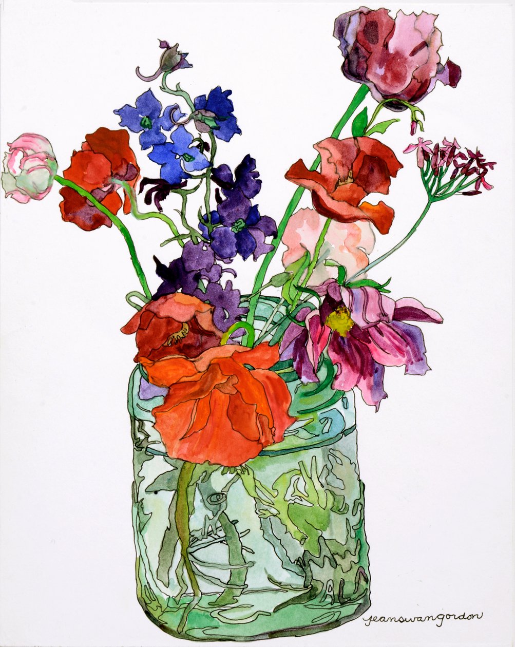 Delphiniums, Poppies  Others in Jar, 2011 (aquarelle et encre sur papier) - Jean Swan Gordon