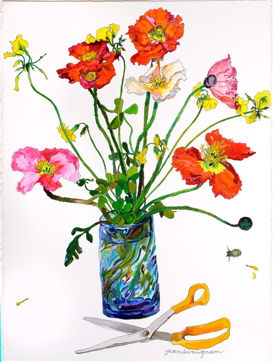 Coquelicots, vase bleu et ciseaux (aquarelle et encre sur papier) - Jean Swan Gordon