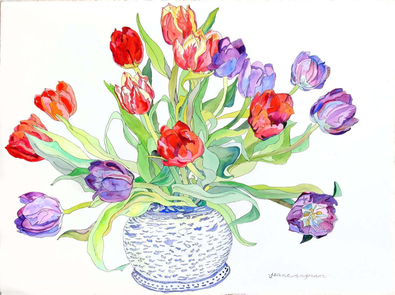 Tulipes dans un bol avec un motif de poisson et d