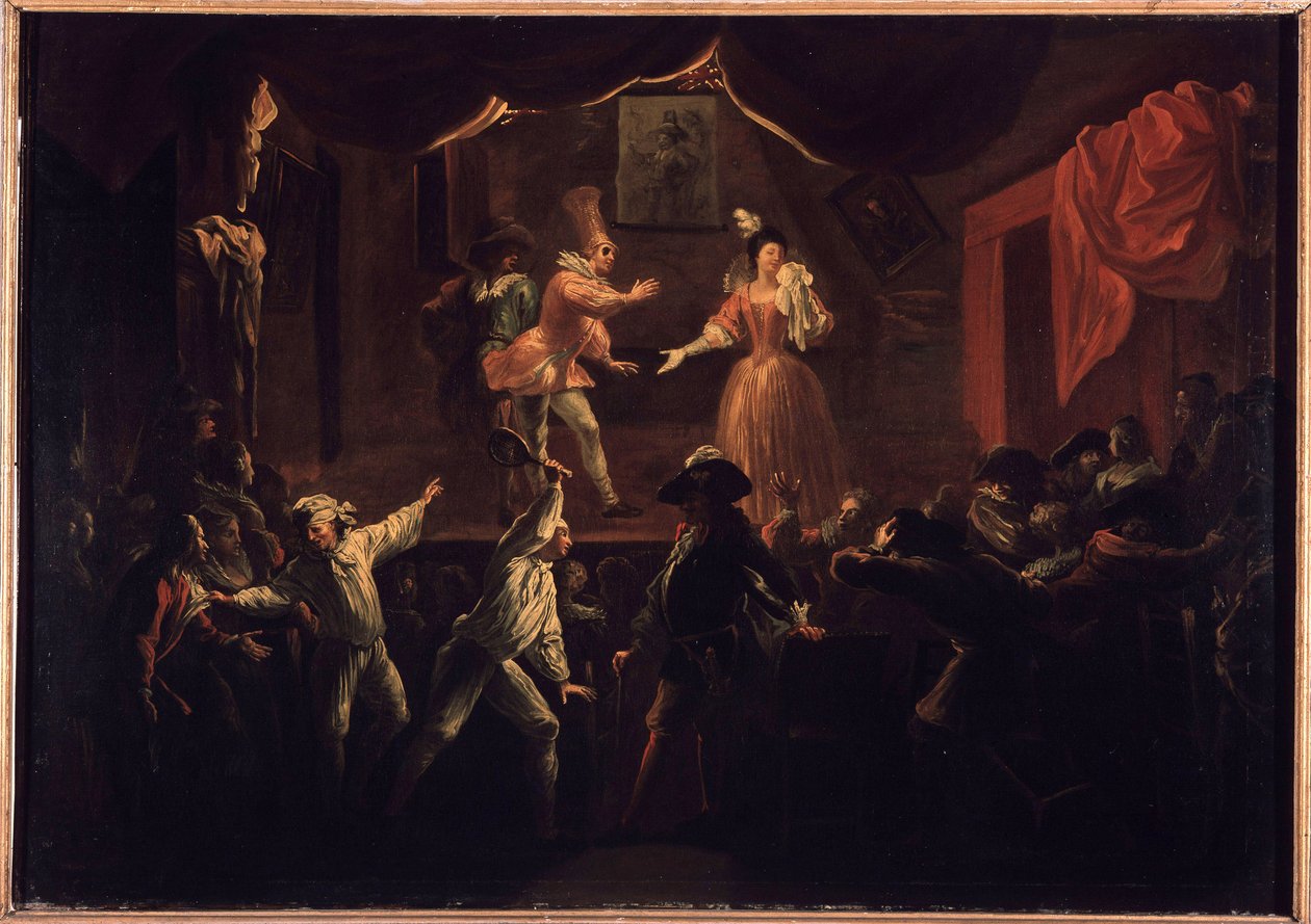 Succès déplorables de cette pièce. Un des joueurs de paume dont les vêtements avaient été dérobés, donne une grande raquette à La Rapinière. Peinture illustrant "Le Roman comique" par Paul Scarron (1610-1660). - Jean de Coulom