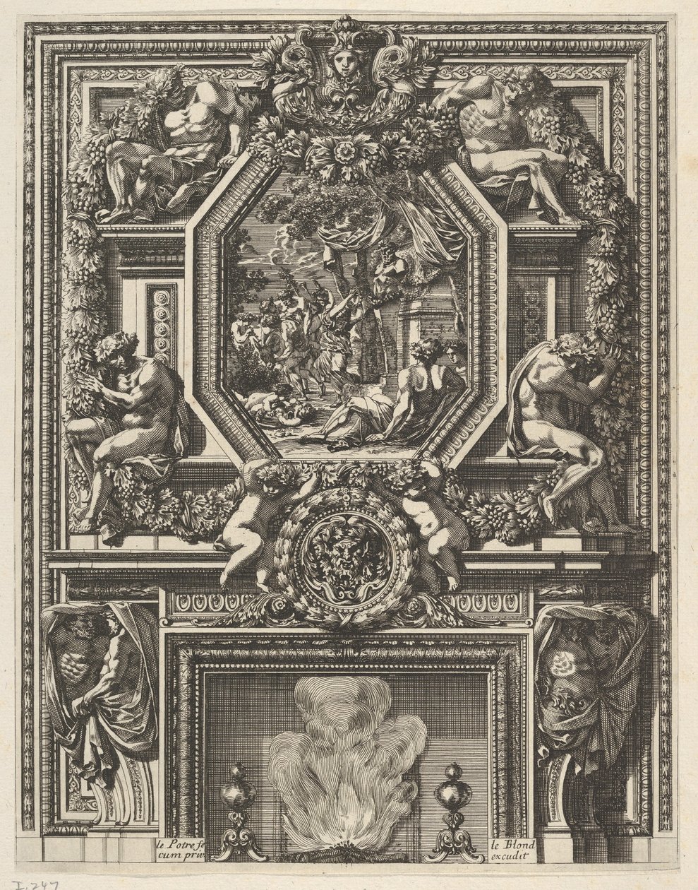 Cheminée avec une bacchanale au-dessus du manteau de 