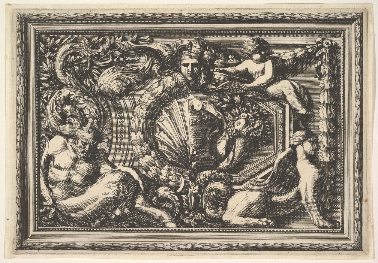 Conception pour un panneau avec deux variantes contenant un satyre et un sphinx, du: Pannea..., 17e siècle - Jean le Pautre