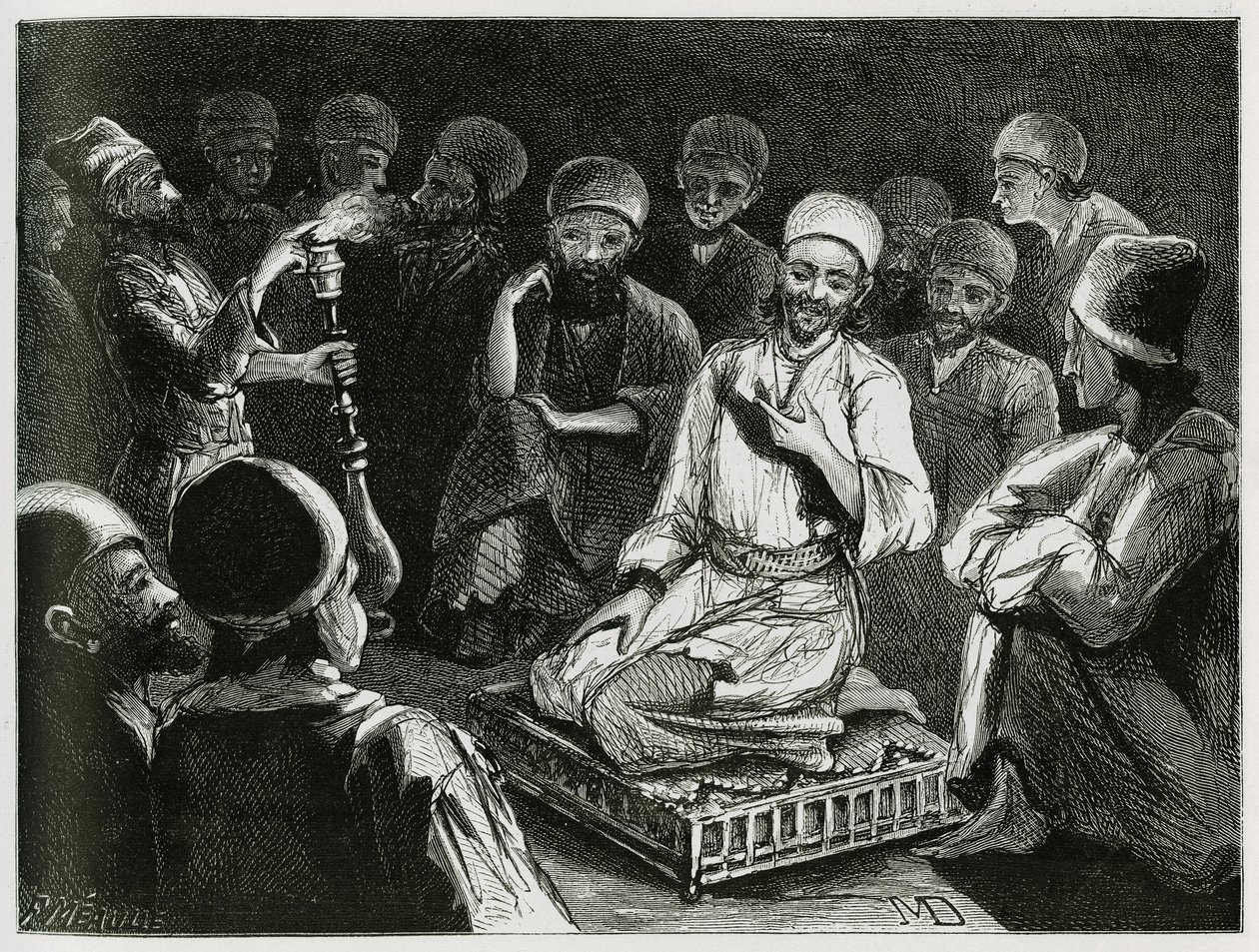 Conteur persan entouré de son auditoire. Gravure par l