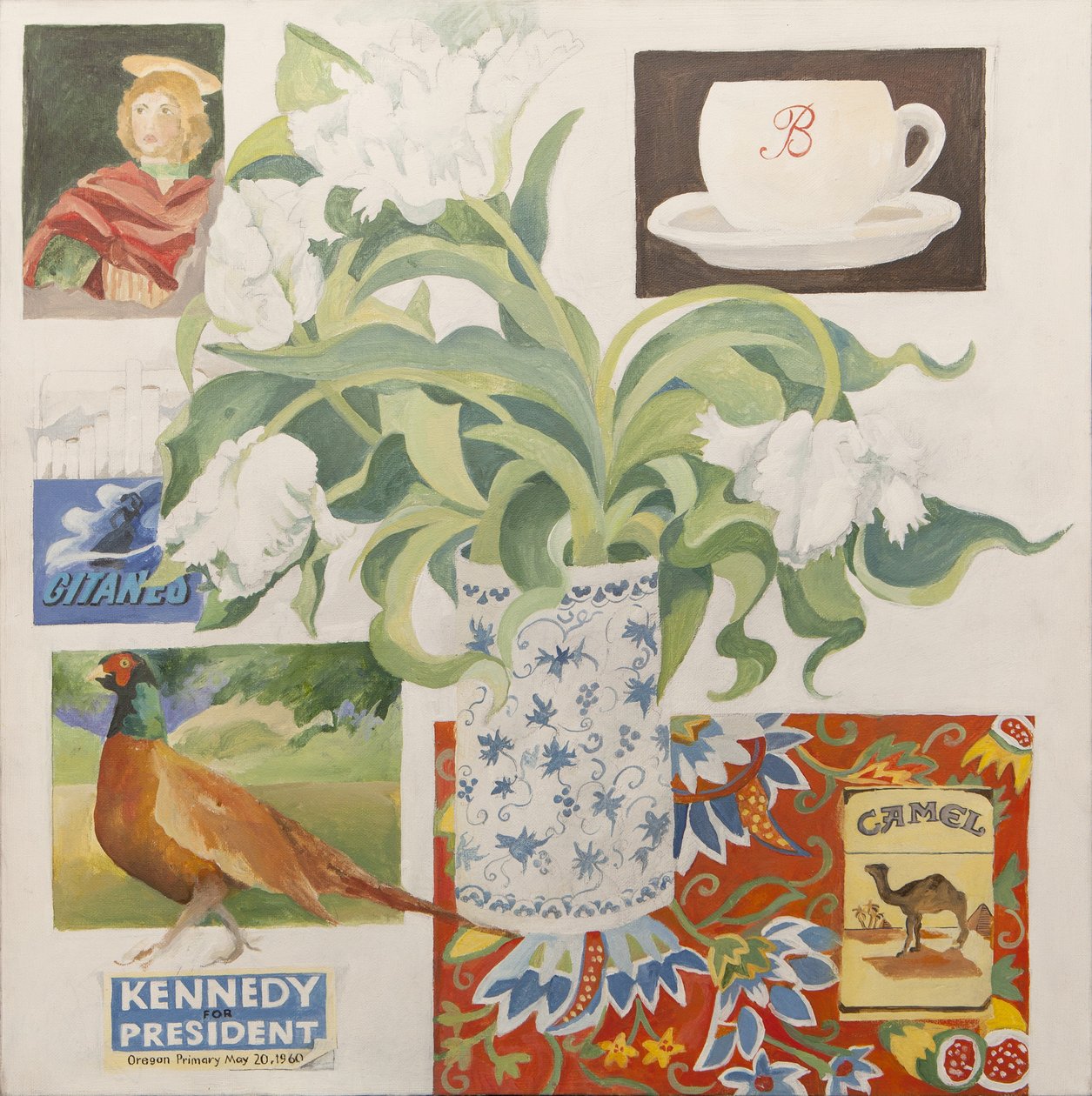 Ephémères, y compris tasse à café, paquets de cigarettes, carte postale et tulipes - Jennifer Abbott