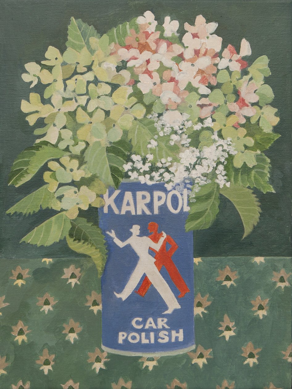 Hortensias dans une vieille boîte de polish pour voiture (acrylique) - Jennifer Abbott