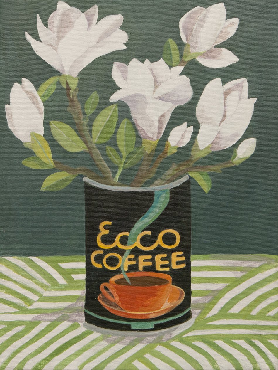 Magnolia blanc dans une vieille boîte à café (acrylique) - Jennifer Abbott