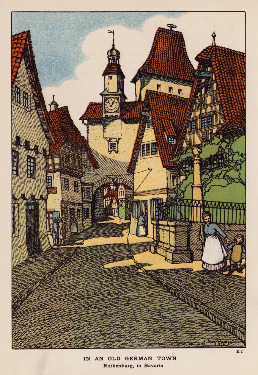 Dans une vieille ville allemande, Rothenburg, en Bavière (lithographie couleur) - Jenny Wylie