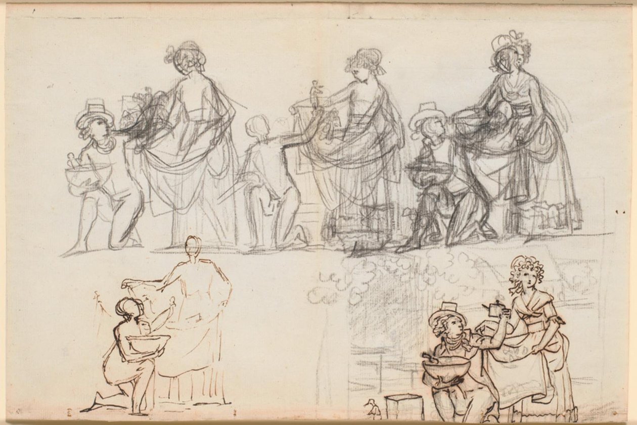 Différents croquis pour une scène de la pièce de théâtre de P.A. Heiberg "Chinafarene" - Jens Juel