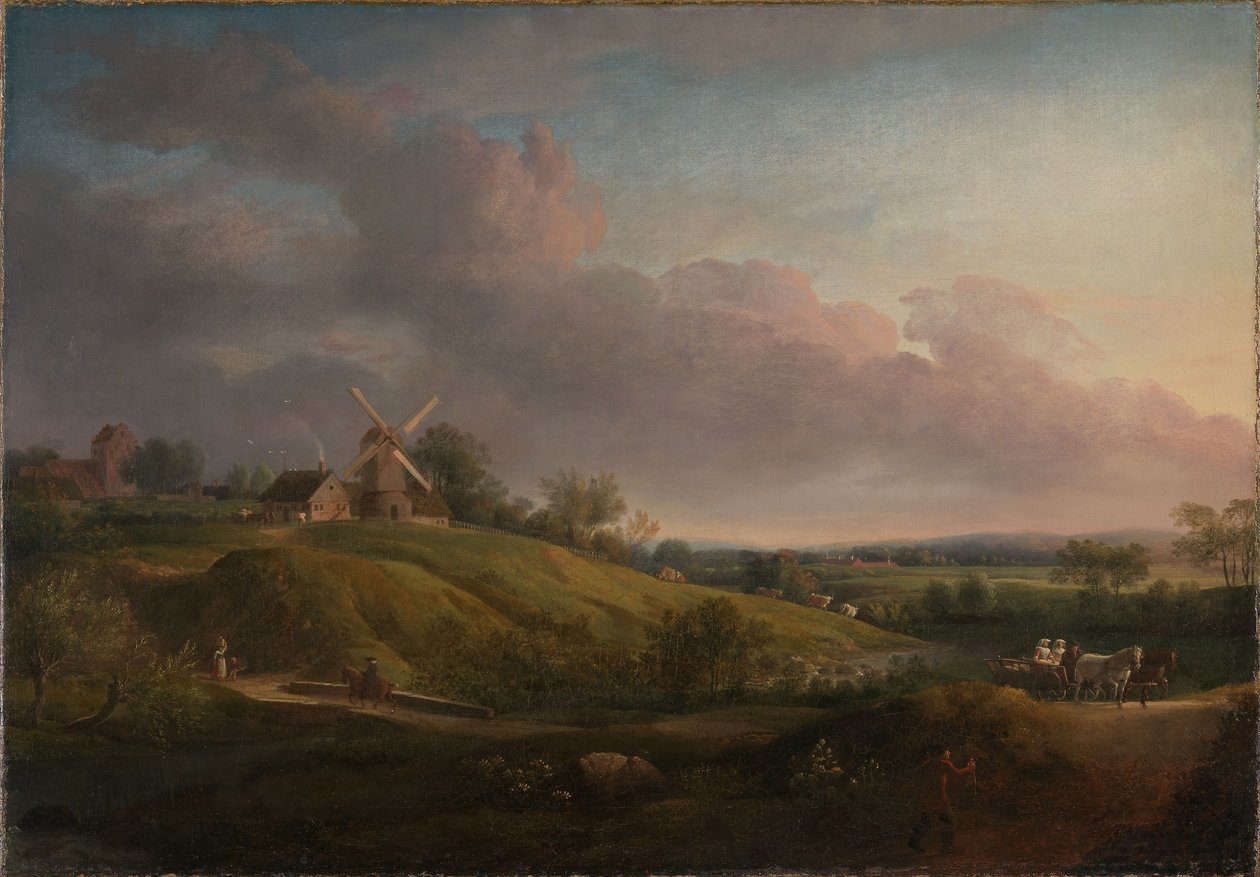 Paysage avec une église et un moulin - Jens Juel