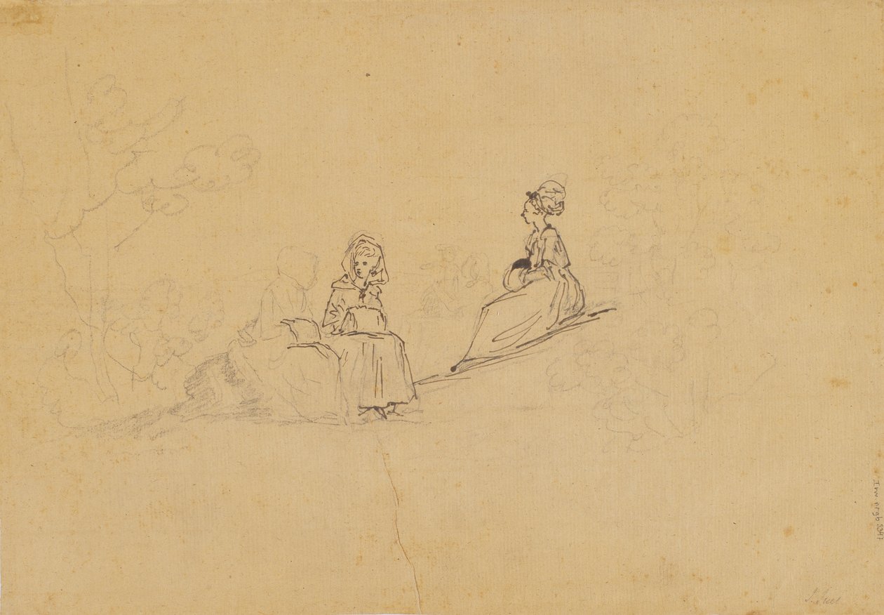 Trois femmes portant des manchons, assises sur une pente en plein air ; derrière elles, on devine une quatrième silhouette tenant un enfant dans ses bras - Jens Juel