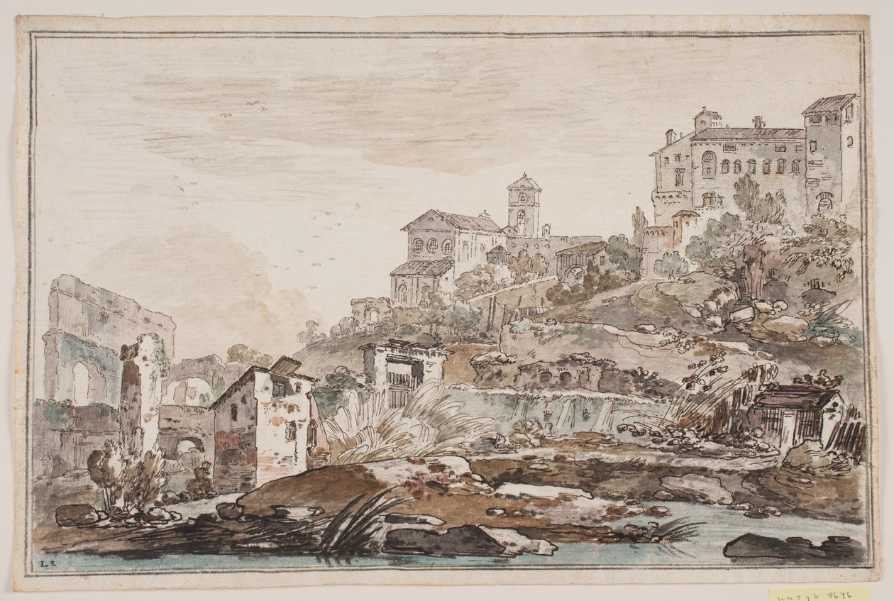 Vue de ville avec ruines et église et palais en hauteur - Jens Petersen Lund