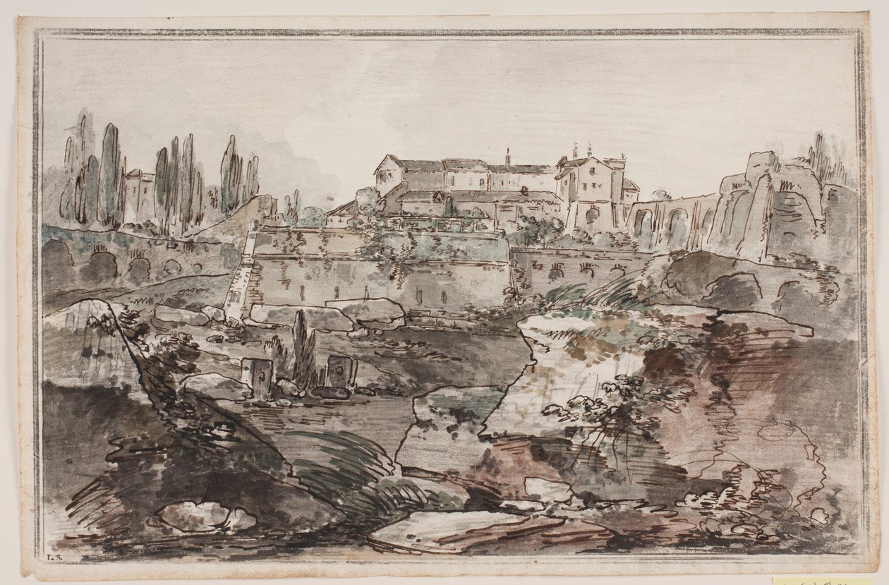 Vue avec forteresse (?), ruines, rochers et eau - Jens Petersen Lund