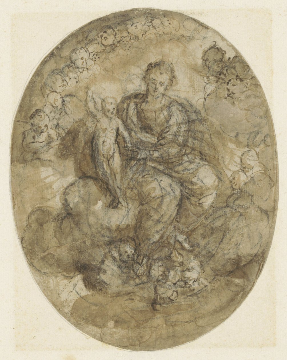 Madone avec enfant entre anges sur les nuages - Jeronimo Jacinto Espinosa