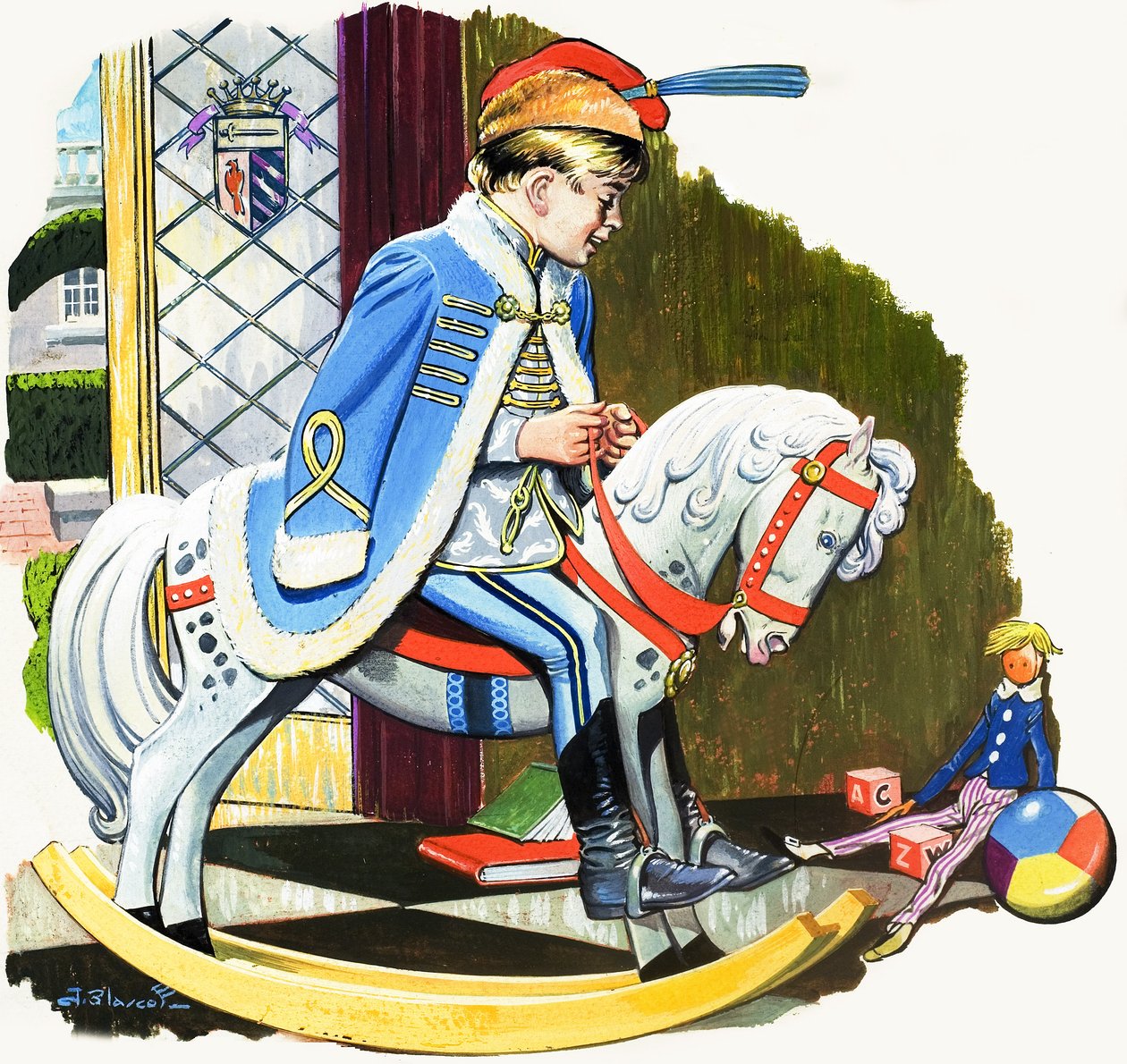 Garçon sur un cheval à bascule, illustration de "Teddy Bear" (gouache sur papier) - Jesus Blasco