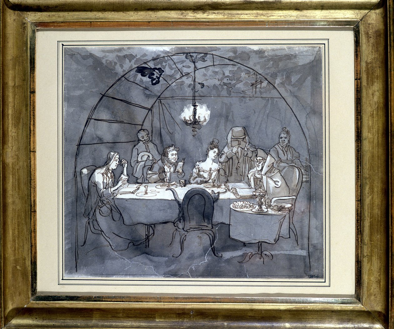 Fête des Cabanes au restaurant Kasher par la famille de Moïse Ulmann. Dessin sur papier, lavis à la plume en 1831 35,5 x 31,3 cm. (JM 189) Musée Juif de Bâle, Suisse. - Jewish School