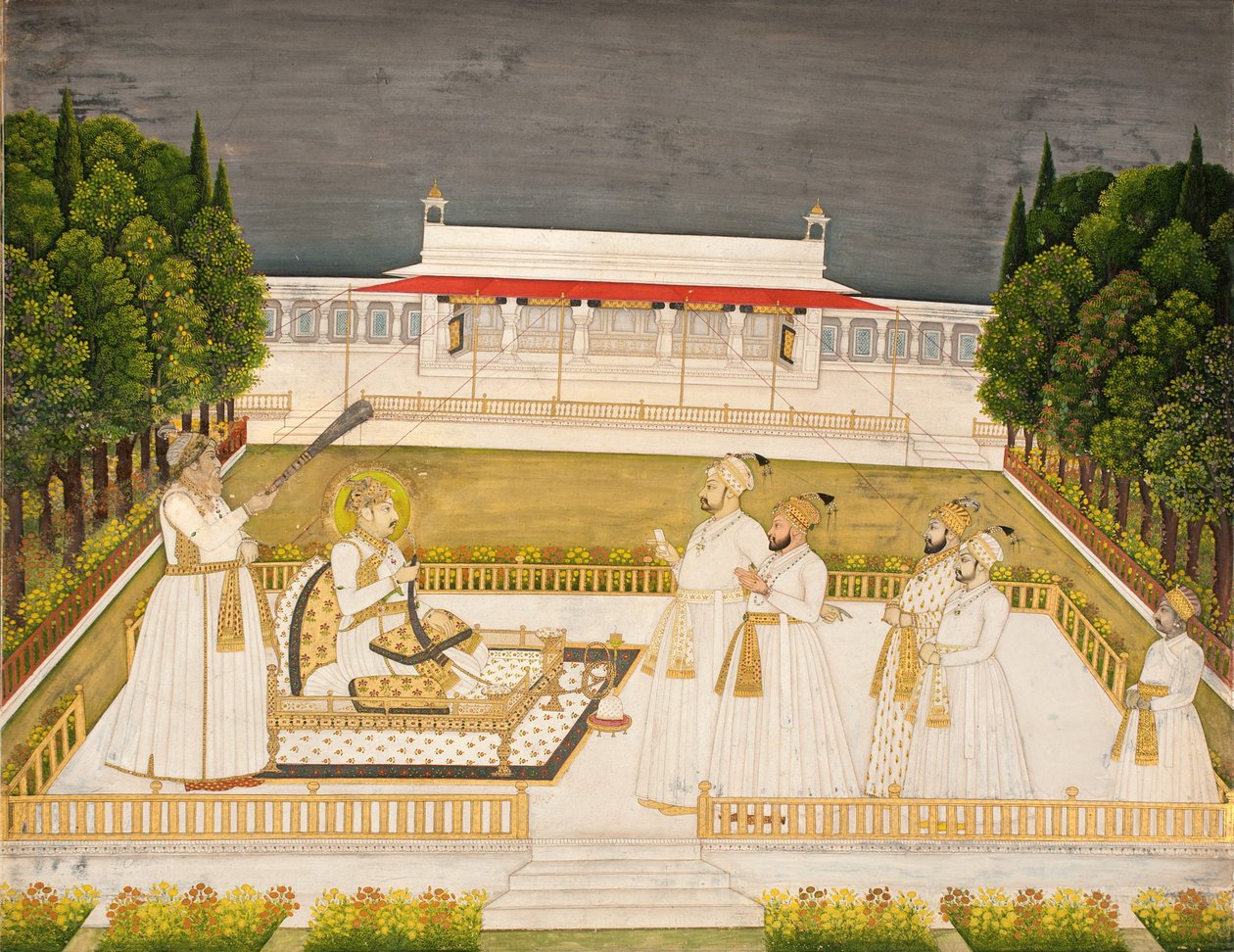 Muhammad Shah trônant sur une terrasse la nuit avec ses officiers, vers 1735 - Jharokha Nidha Mal