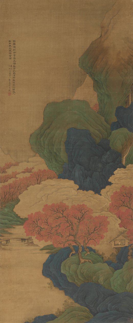 Nuages blancs et arbres rouges, rouleau suspendu - Jian Li
