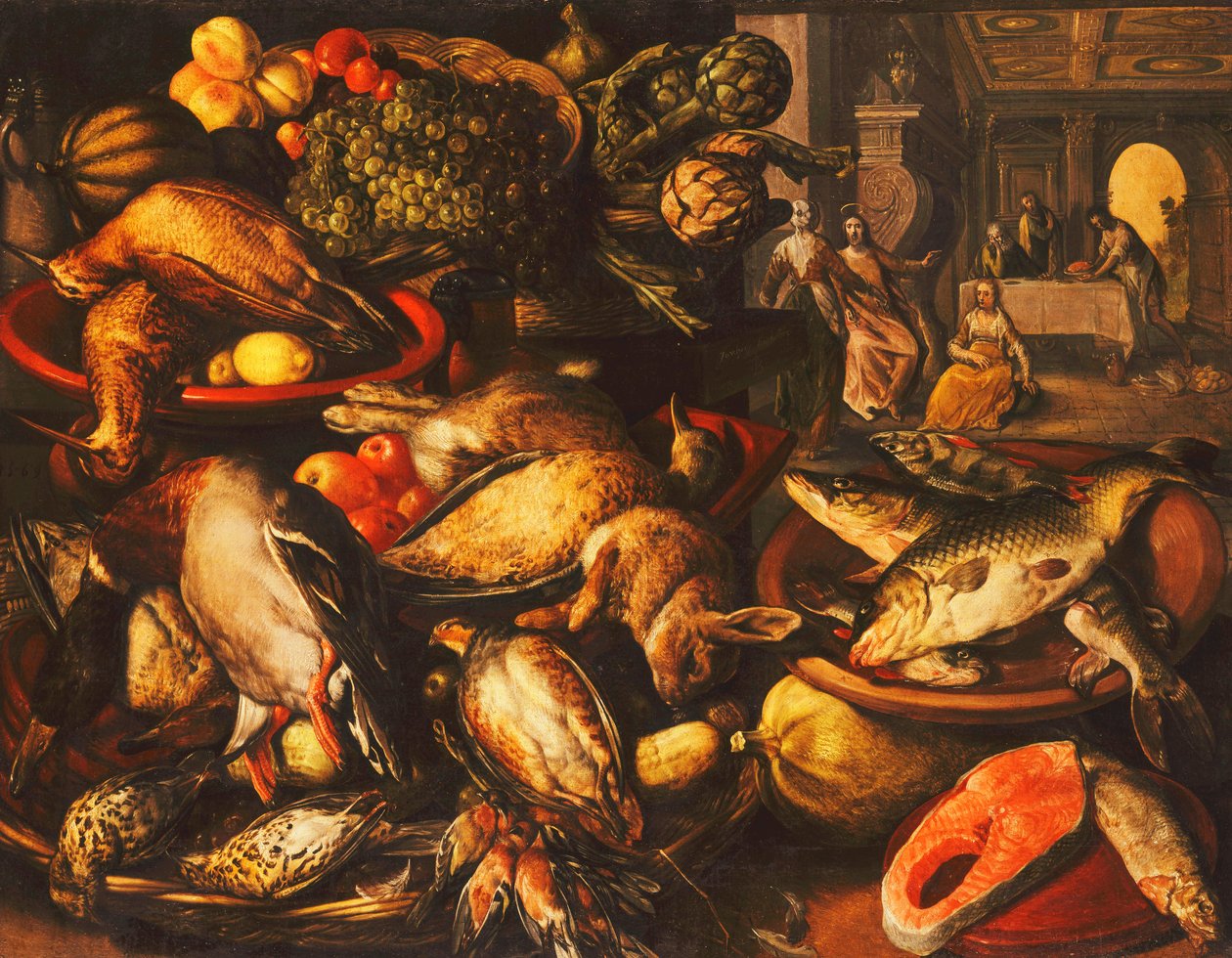 Gibier, poisson, fruits et légumes dans des paniers et des bols dans un garde-manger, 1569 - Joachim Beuckelaer