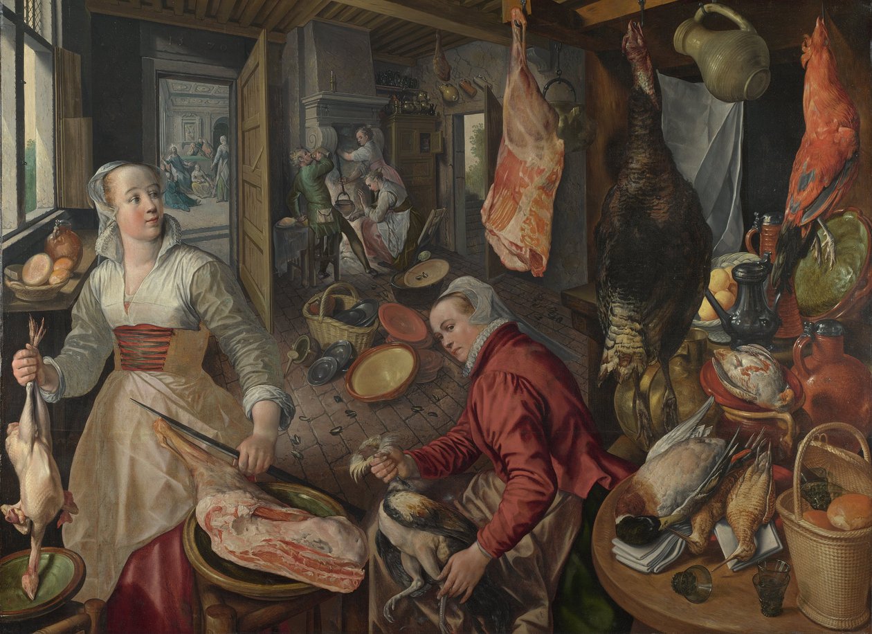 Les Quatre Éléments : Feu (Une scène de cuisine avec le Christ dans la maison de Marthe et Marie en arrière-plan) - Joachim Beuckelaer