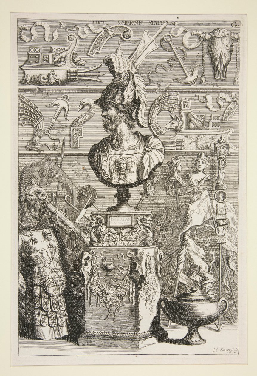 Une statue de Lucius Sciopione, armure et autres bannières et fragments antiques - Joachim von Sandrart