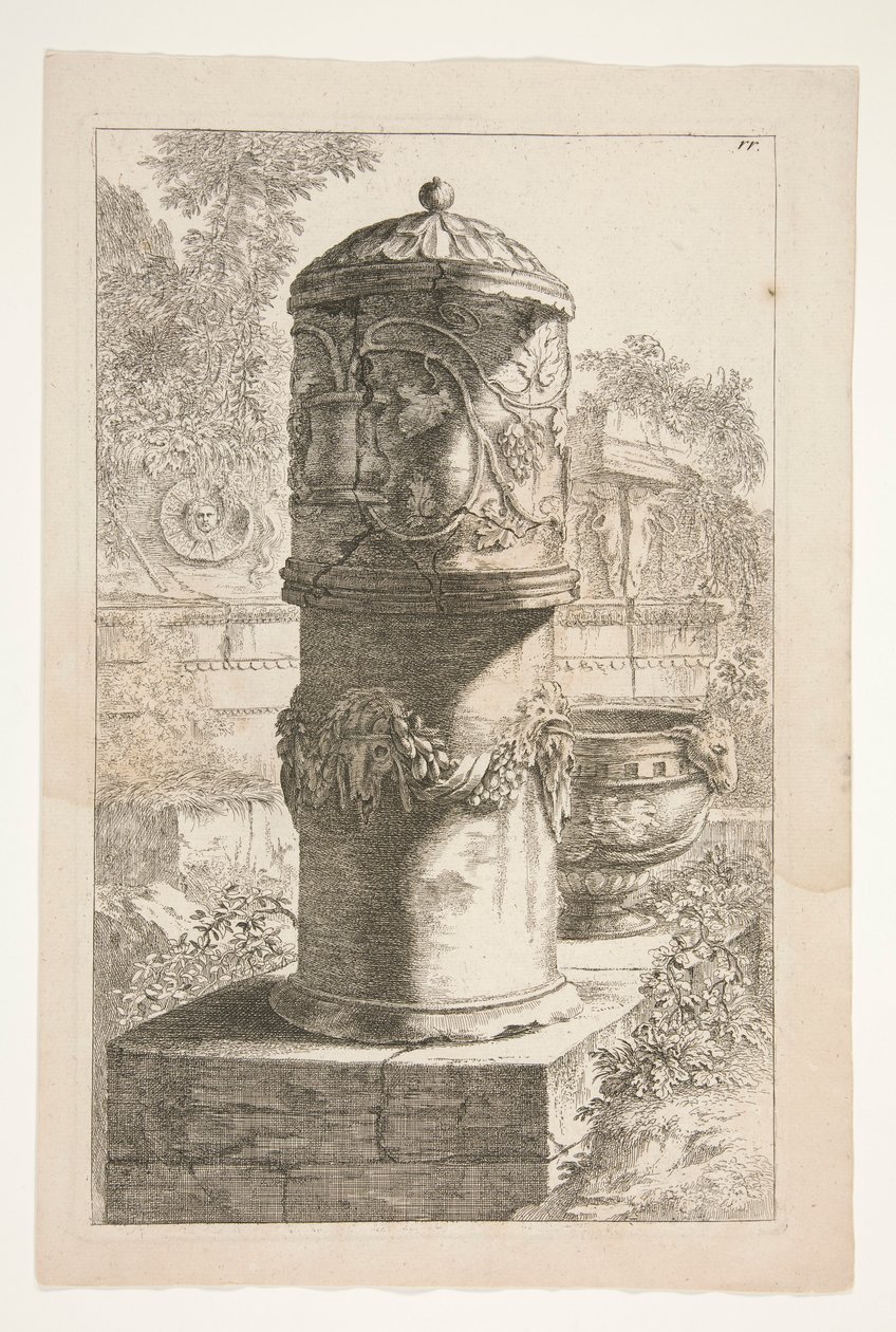 Une Grande Urne Couverte et un Bol dans un Paysage avec des Ruines Classiques - Joachim von Sandrart
