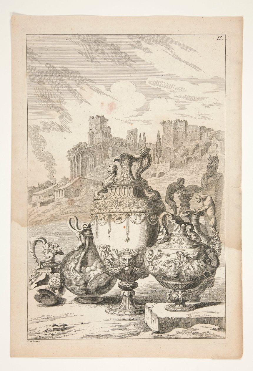 Quatre vases, un vase cassé, un chandelier cassé et un hermès dans un paysage avec des ruines classiques - Joachim von Sandrart
