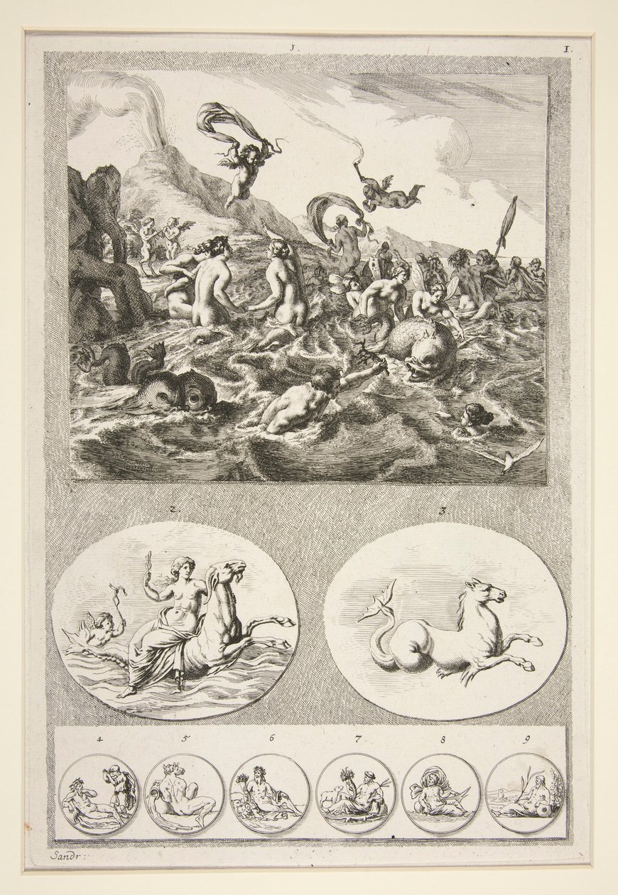 Partie supérieure : Néréides jouant Partie inférieure : Deux reliefs et six pièces - Joachim von Sandrart