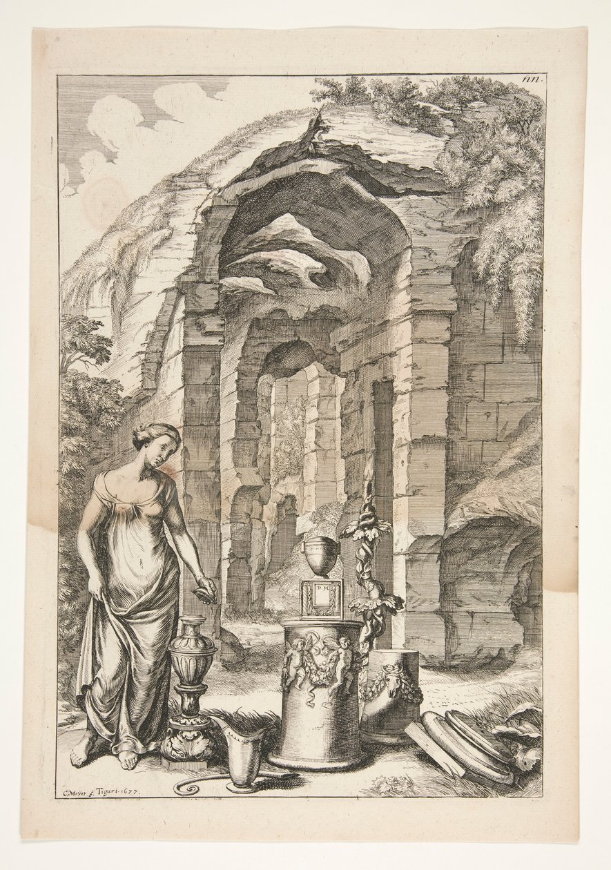 Femme en robe antique avec urnes, stands et ruines - Joachim von Sandrart